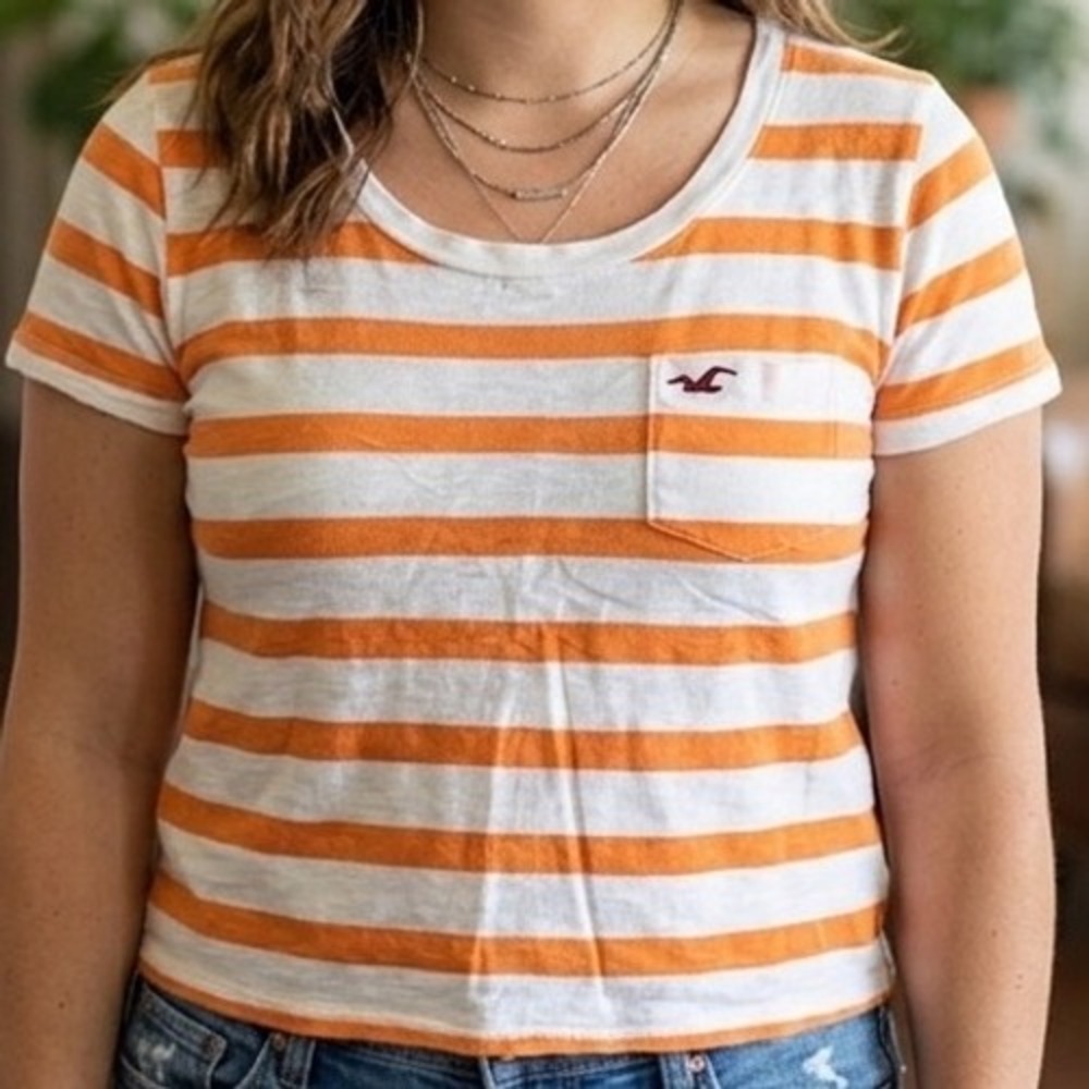 Hollister Womens Orange White Striped Pocket T-Shirt Size M Cotton Modal Blend